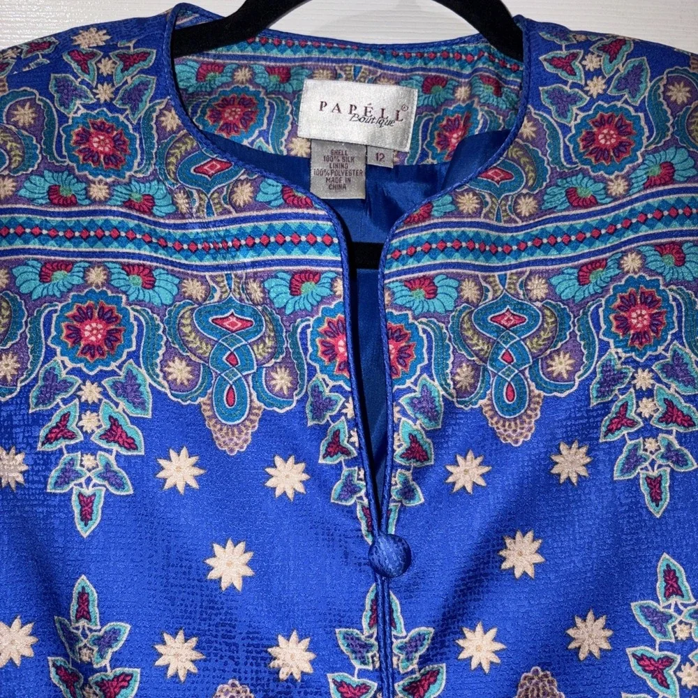 Adrianna Papell Boutique Silk Button Up Blouse Women Size 12 Blue Floral Vintage - Picture 4 of 9